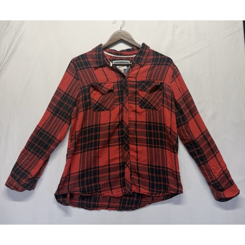 Arizona Jean Co Flannel Shirt Womens XL Red Black Plaid Cotton Pleated Snap Up